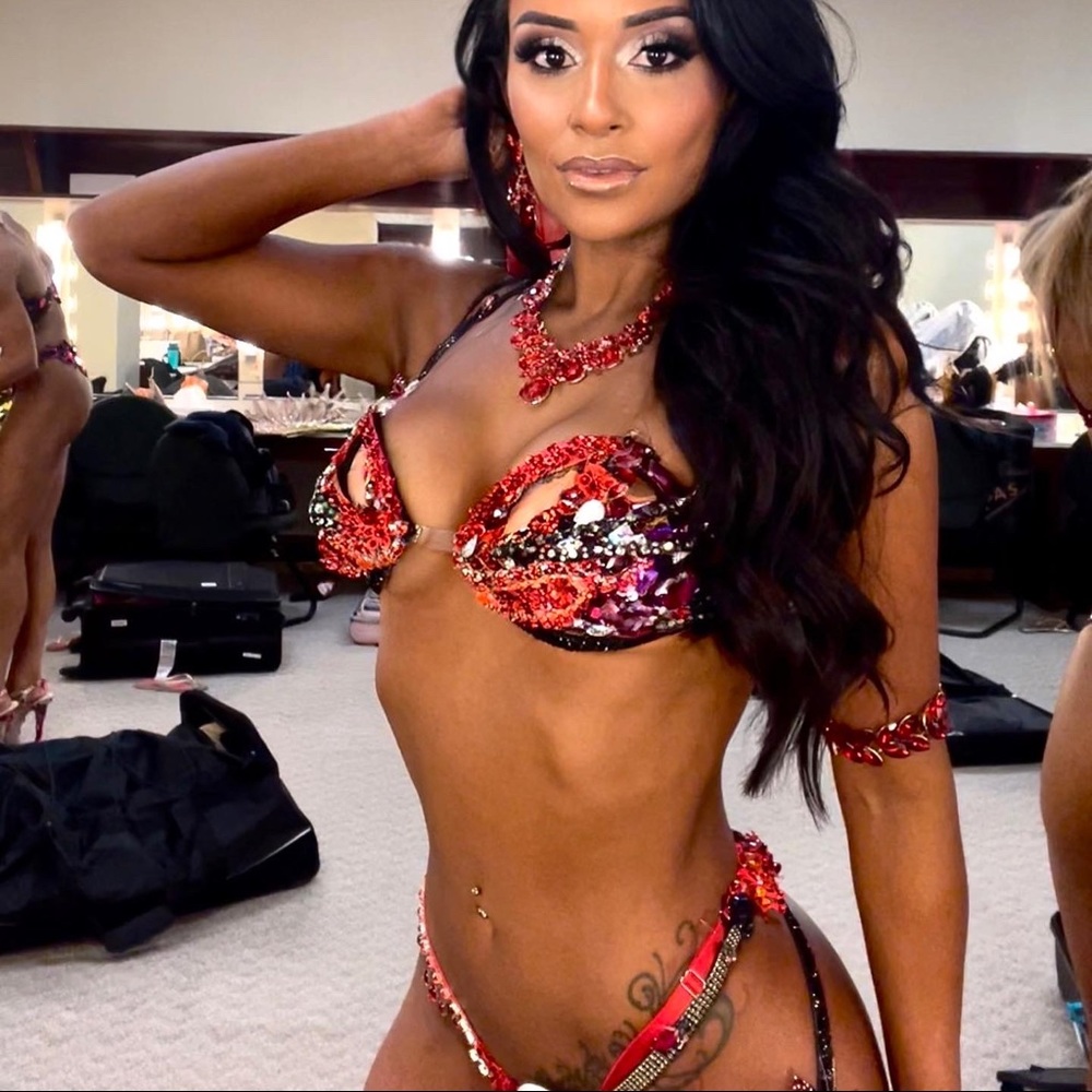 Wbff bikini - red, black, silver stones- butterfly theme